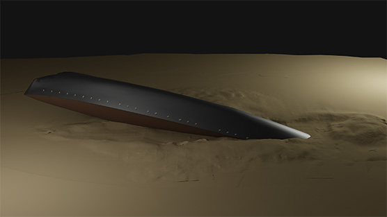 The 3D image generated of the Ilmarinen shipwreck for the oil removal shows that the wreck is upside down on the seabed. 